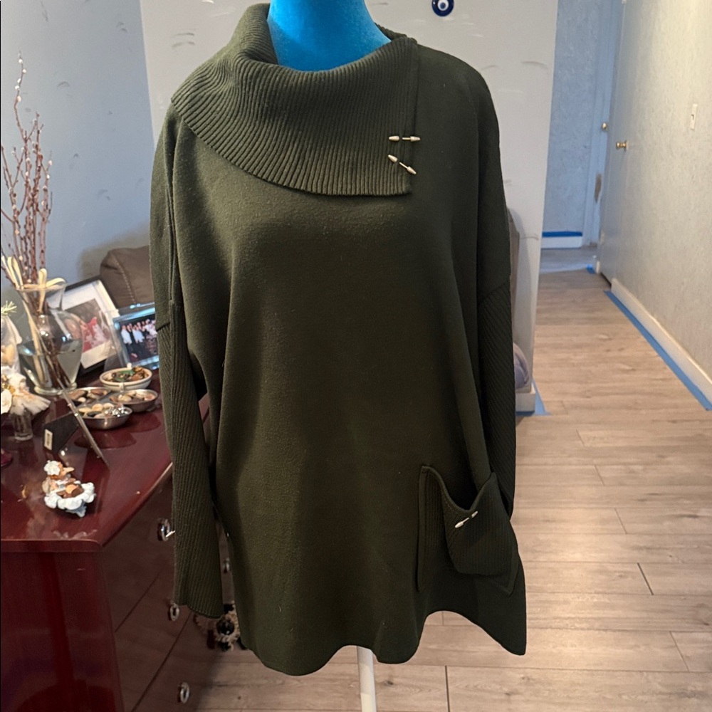 Olive Green Women's Sweater with Button Detail